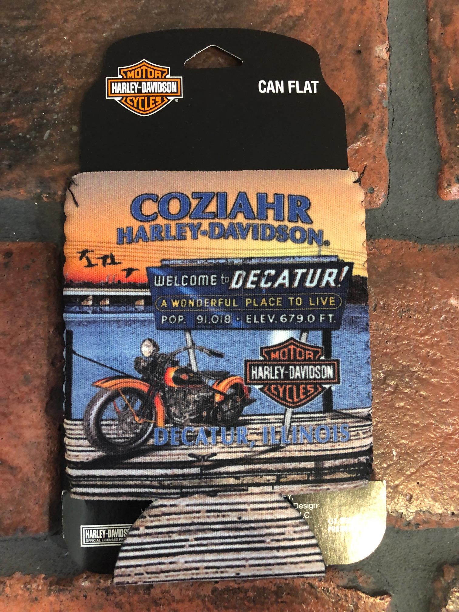 Coziahr Harley-Davidson can koozie, Lake Decatur design
